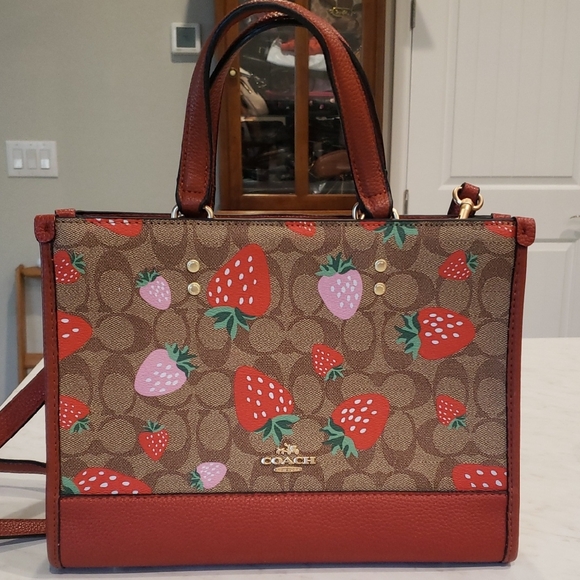 Coach Handbags - Coach Brown Signature Satchel with Red & Pink Strawberry Print Size Medium